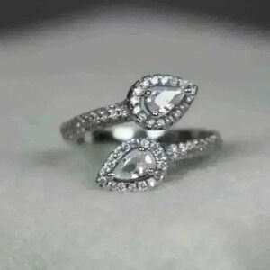 925 STAMP Sterling Silver Double Teardrop Cubic Zirconia Crystal Ring Size 6